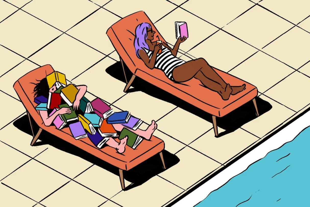 An illustration of two women. One has too many books and the other has just one